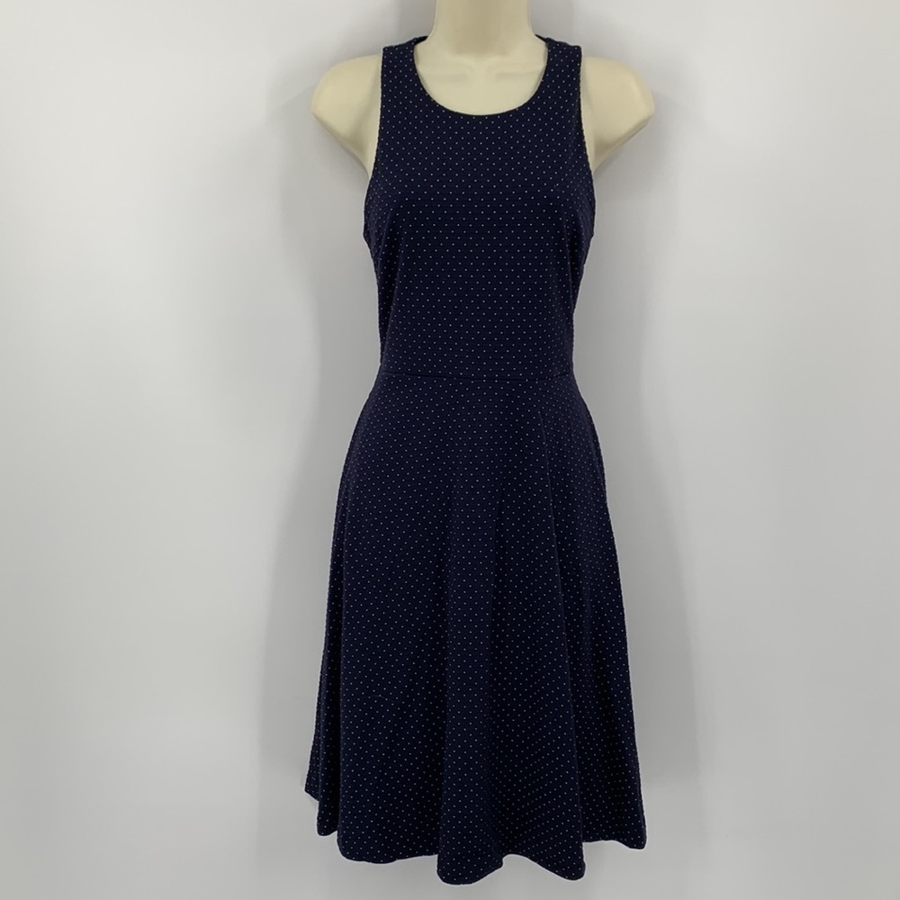 Banana Republic fit flare navy blue white polka dot dress shift sleeveless 4